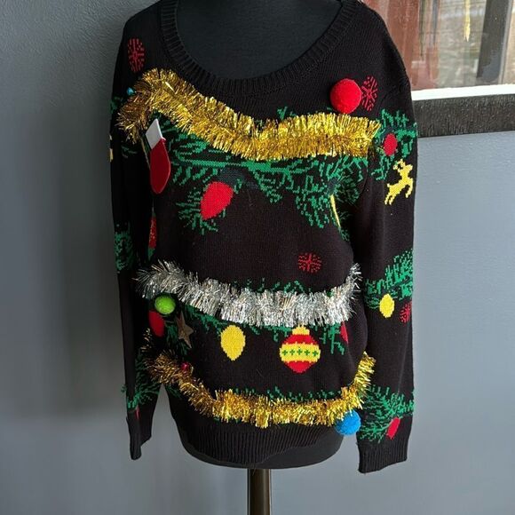 No Boundaries black tinsel/pom pom/sequin/bell applique Christmas sweater. - Picture 1 of 6